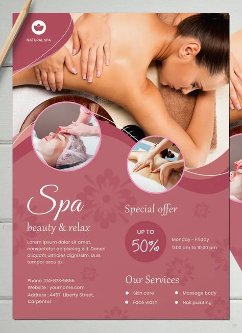 Beauty Spa Flyer Template PSD Beauty Salon Flyer Design Inspiration, Beauty Clinic Poster, Spa Flyer Design, Spa Promo, Poster Spa, Camp Poster, Spa Poster, Spa Brochure, Beauty Template