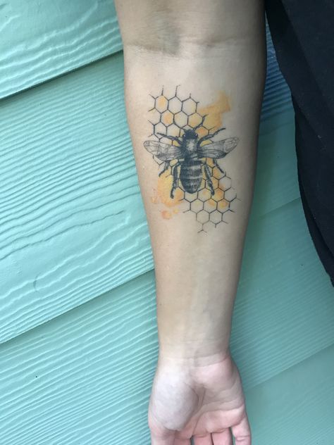 Bumble Bee With Honeycomb Tattoo, Beekeeping Tattoo, Oh Honey Tattoo, Bee Tattoo Wrist, Bee Hive Tattoo Design, Honey Tattoo Words, Geometric Hexagon Tattoo, Unique Bee Tattoo, Bee And Honeycomb Tattoo