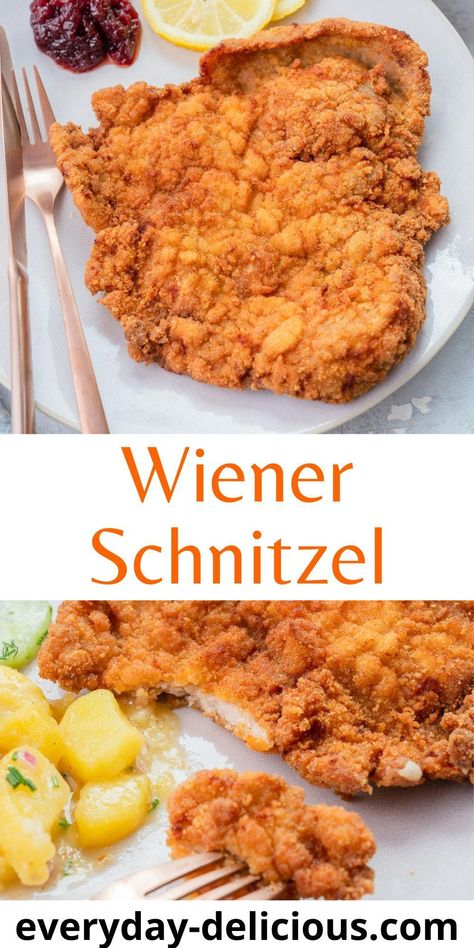 Wiener Schnitzel is a crispy breaded veal cutlet. Learn with this simple recipe how to make an authentic Wiener Schnitzel that is perfectly crispy and tender. Weinersnitchel Recipe, How To Make Schnitzel, Veal Cutlet Recipes, Pork Schnitzel Recipe, Veal Schnitzel, Veal Steak, Schnitzel Recipe, German Dishes, Schnitzel Recipes