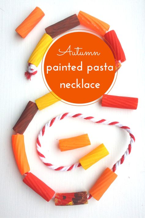 Autumn craft pasta necklace tutorial Autumn Eyfs Activities, Pasta Necklace, Painted Pasta, Autumn Eyfs, Harvest Activities, Autumn Craft, Eyfs Activities, Nursery Activities, Colour Mixing