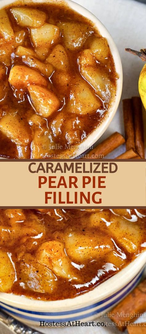 Fresh pears mixed with cinnamon and brown sugar make an easy sweet caramelized pie or topping over ice cream. Fruit Breakfast Ideas, Pear Pie Filling, Pear Recipes Easy, Caramelized Pear, Pear Dessert Recipes, Dessert Pumpkin, Pear Sauce, Pie Fillings, Pear Pie