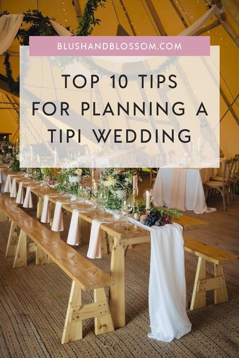 Top 10 Tips for Planning a Tipi Wedding  Are you thinking of having a tipi wedding but wondering where to start?   Well you are in the right place, as you read on you'll find out the most helpful tips when planning a tipi wedding - from decor to lighting to flowers to food and more! Tipi weddings really are magical and all of the planning is definitely worth it, just ensure you are prepared and everything will run smoothly. Tipi Decoration Wedding, Wedding Tipi Decorations, Tipi Wedding Flowers, Tipi Wedding Ideas, Tipi Wedding Decor, Lighting Tips, Tipi Wedding, Wedding Table Plan, Wedding Abroad