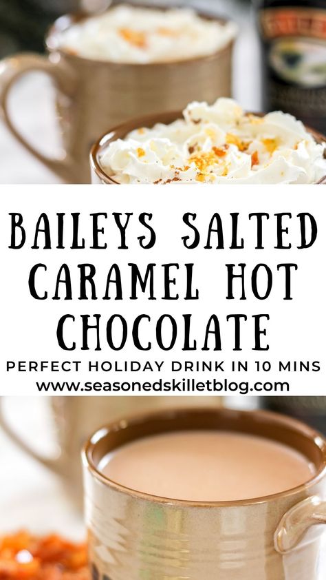 Salted Caramel Hot Chocolate is a rich, creamy and indulgent hot chocolate recipe, spiked with Baileys Salted Caramel or Original Irish Cream. It's the perfect warm spiked beverage for the Christmas holidays or a winter night, and it's ready in under 10 minutes! Garnish with homemade salted caramel bits, whipped cream, and chocolate shavings for the best cold-weather treat. Hot Chocolate Recipes With Alcohol, Baileys Salted Caramel, Baileys Drinks, Caramel Hot Chocolate, Boozy Hot Chocolate, Homemade Salted Caramel, Spiked Hot Chocolate, Salted Caramel Hot Chocolate, Baileys Recipes