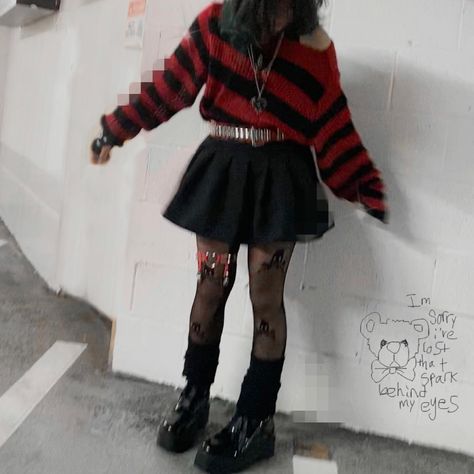 #drain #aesthetic #ootd #outfits #amazonfinds Red Alt Outfits Aesthetic, Red And Black Striped Sweater Outfit, Red And Black Sweater Outfit Grunge, Red Goth Aesthetic Outfit, Red Vigilante Outfit, Red And Black Rock Outfit, Winter Punk Outfits Grunge Fashion, Black And Red Emo Outfit, Gore Outfits Aesthetic