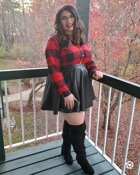 Buffalo plaid winter outfit! Everything is on discount and under $30. Faux leather skirt that compliments curves http://liketk.it/30DJz @liketoknow.it #liketkit #LTKsalealert #LTKstyletip #LTKunder50 #LTKcurves #LTKshoecrush Plaid Shirt And Skirt Outfit, Plus Size Skater Skirt Outfit, Leather Skater Skirt Outfit, Plaid Winter Outfit, Plus Size Leather Skirt Outfit, Skirt And Thigh Highs, Skater Skirt Outfit, Leather Skater Skirts, Plaid Outfit