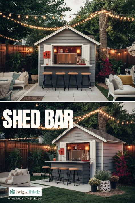 Elevate your outdoor entertaining space with a vintage-inspired bar. Learn how to use repurposed materials and nostalgic decor to create a unique bar area. Explore more ideas at twigandthistle.com. #OutdoorBar #VintageDecor #DIYHome #BackyardOasis #HomeEnhancement Tiki Shed Ideas, Cabana Bar Ideas Backyard, Entertaining Area Outdoor, Bar Shed Backyard, Shed Bar Ideas Backyards, Outdoor Bar Shed, Outside Bar Ideas, Diy Outdoor Bar Ideas, Outdoor Shed Bar