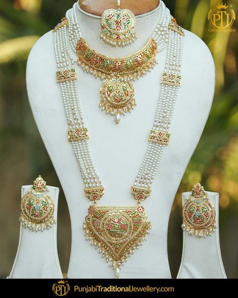 Jadau Set, Punjabi Traditional Jewellery, Bridal Choker Necklace, Hyderabadi Jewelry, Jadau Necklace, Pakistani Bridal Jewelry, Long Necklace Set, Bridal Choker, Pearl Necklace Designs