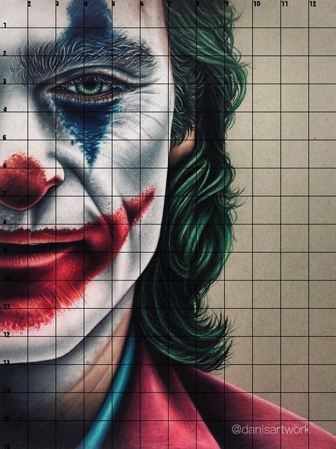 Drawings With Grid Lines, Grid Drawing Ideas, Grid References, Joker Art Drawing, Drawing Grid, Colored Pencil Art Projects, Drawing Refrences, Joker Drawings, Prismacolor Art