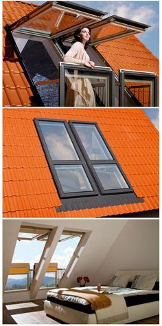 Skylight window converts into balcony Roof Window Balcony, Attic Balcony Ideas, Attic Balcony, Roof Balcony, Window Balcony, Garage Guest House, Skylight Window, Roof Windows, Balcony Window