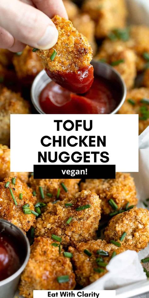 These vegan tofu chicken nuggets are easy to make, can be made in the air fryer or baked in the oven, and are gluten free. These healthy tofu nuggets are perfect for kids and adults and perfect for a freezer friendly weeknight meal or party appetizer. Tofu Chicken Nuggets, Sweet Potato Sushi, Lettuce Celebrate, Salmon Crispy, Crusted Tofu, Ab Blood Type, Vegan Chicken Nuggets, Tofu Nuggets, Vegan Tofu Recipes