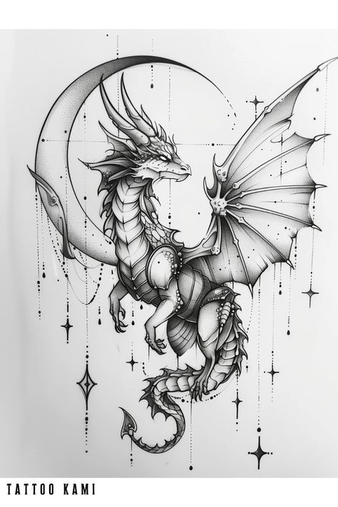 Dragon Tattoo For Women Calf, Mythical Tattoo Ideas, Air Dragon Tattoo, Dragon Tattoo Template, Fairy Dragon Drawing, Dragon And Moon Tattoo For Women, Fairy Dragon Tattoo For Women, Girly Dragon Tattoo For Women, Fairytale Dragon Tattoo