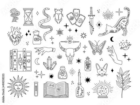 Patchwork, Flash Art Tattoos, Traditional Tattoo Black And White, Witchcraft Tattoos, Mystical Tattoos, Beginner Tattoos, Boho Tattoos, Witch Tattoo, Flash Tattoo Designs