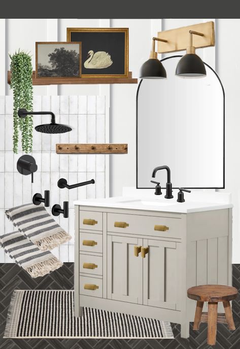 It is supposed to be personal and relaxing. There are so many trends for the bathroom to consider when you are making your purchase. Half Bathroom Mid Century Modern, Rustic Neutral Bathroom, Bathroom Modern Vintage, Neutral Bathroom Cabinets, Bathroom With Dark Accents, Modern Vintage Small Bathroom, Social Bathroom Ideas, Powder Bathroom Mood Board, Neutral Bathroom Ideas Modern