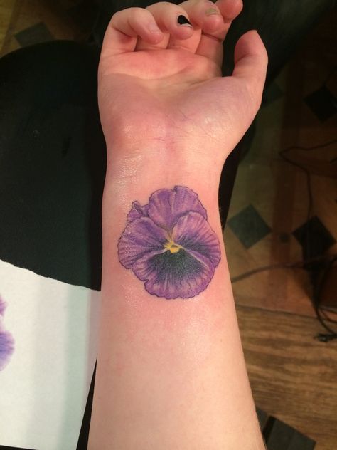 Pansy tattoo for my grandmother <3 Pansy Tattoos, Petunia Tattoo, Rose Tattoo Leg, Mandala Hip Tattoo, Pansy Tattoo, Purple Flower Tattoos, Purple Tattoos, Skeleton Hand Tattoo, Blue Tattoo