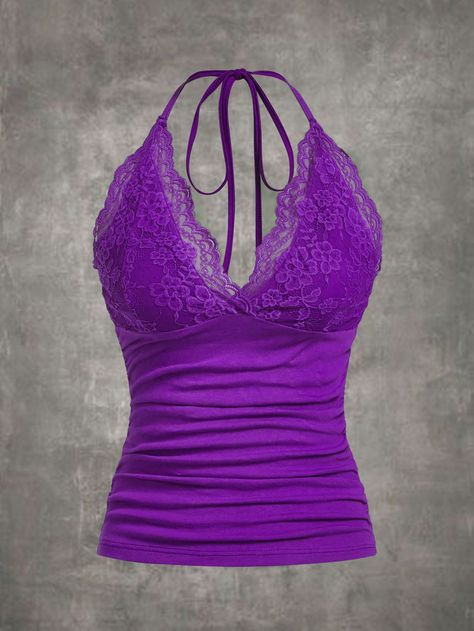 Morado Violeta Elegante Collar  Tela tejida Liso Halter Embellished Elástico Ligero Top Violeta, Purple Halter Top, Punk Top, Lace Halter Top, Womens Halter Tops, Purple Tank Top, Pub Crawl, Purple Tank, Women Tank Tops