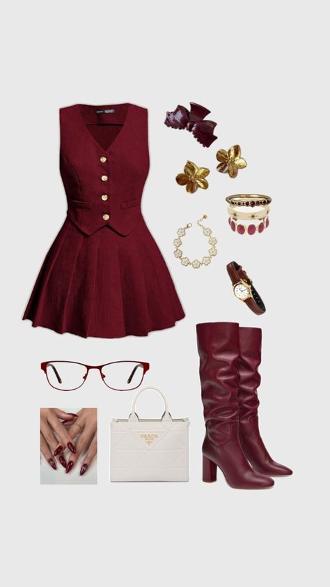 Outfit inspiration, outfit ideas, red velvet cake, dark feminine aesthetic, aura, office siren Burgundy Preppy Outfit, Red Feminine Outfit, Red Statement Outfit, Christmas Day Outfit Ideas For Women, Red Outfit Layout, Lovergirl Aesthetic Outfits, Wanda Maximoff Outfit Inspiration, Elegant Red Outfit, Classic Aesthetic Outfits