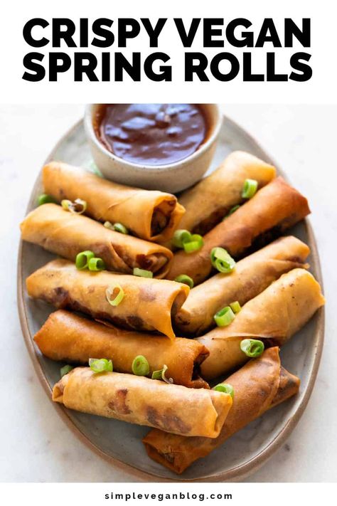 Make Crispy Vegan Spring Rolls at home in just 30 minutes with 9 simple ingredients! These rolls are super crispy and golden, filled with delicious veggies, way better than greasy takeout. #VeganRecipes #SpringRolls #HealthyEating #EasyMeals #PlantBased Easy Spring Rolls Recipe, Vegetarian Sushi Rolls, Deli Recipes, Vegetarian Spring Rolls, Vegan Spring Rolls, Vegan Meat Recipe, Veggie Spring Rolls, Vegan Appetizers Recipes, Vegetarian Sushi