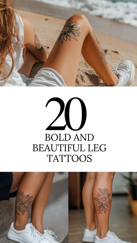 20 Bold and Beautiful Leg Tattoos Medium Size Leg Tattoos For Women, Tattoos For Women Legs Unique, Bold Women Tattoos, Mandala Tattoo Women Leg, Boho Leg Tattoos Women, Over The Knee Tattoo Words Women, Large Calf Tattoos For Women, Women Leg Tattoo Ideas Unique, Womens Tattoos Thigh