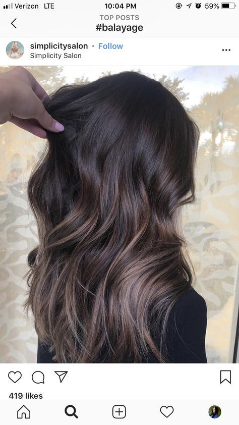 Cool Chocolate Balayage, Dark Brown With Balayage Highlights, Hair Dye Ombre Brown, Long Dark Hair With Balayage, Black Hair Cool Tone Balayage, Dark Cocoa Balayage, Dark Brown And Ash Balayage, Dark Color Melt Hair Brunettes, Black Roots And Brown Hair