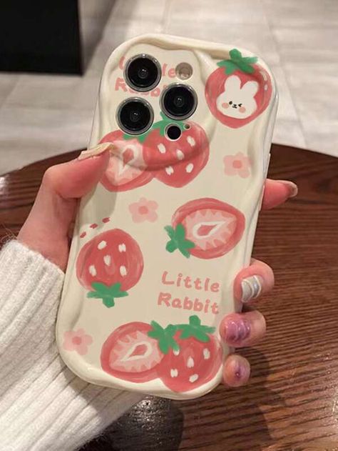 Cartoon Strawberry & Rabbit Print Phone Case | SHEIN USA Birthday Items, Pretty Iphone Cases, Pretty Phone Cases, Pink Phone Cases, Cute Strawberry, Rabbit Print, Aesthetic Phone Case, Print Phone Case, Mobile Covers