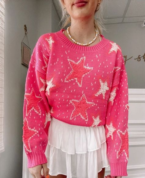 c5cc17e395d3049b03e0f1ccebb02b4ddesc48947518ri Pink Star Sweater, Sassy Shortcake, Preppy Tops, Hot Pink Sweater, Preppy Summer Outfits, Preppy Lifestyle, Preppy Girl, Pink Star, Wardrobe Tips