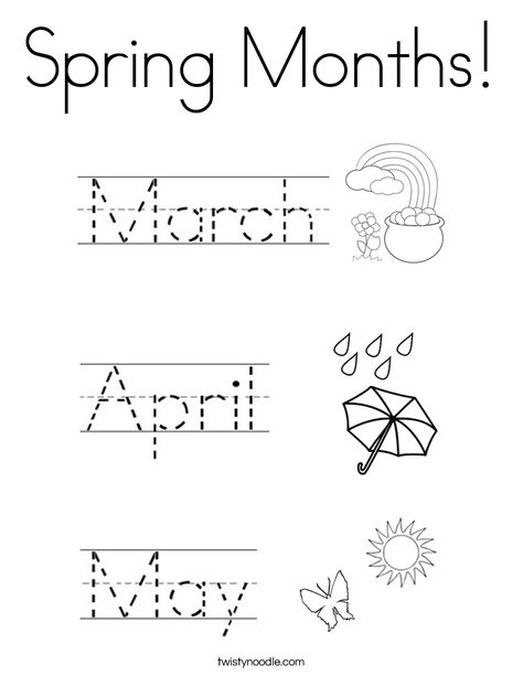 Spring Months Coloring Page - Twisty Noodle Seasons Learning Activities, Season Worksheet, Dnealian Handwriting, Spring Preschool Activities, Spring Worksheet, Kindergarten Art Lessons, Twisty Noodle, Homeschool Preschool Activities, Kindergarten Reading Worksheets