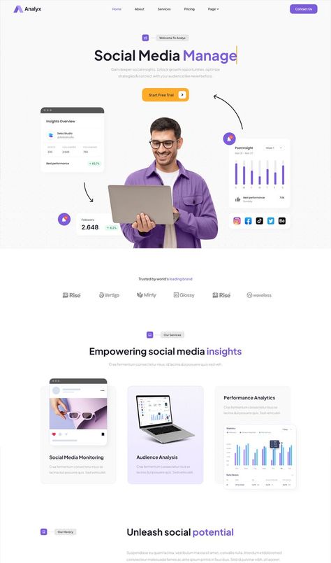 Social Media Analytics & SaaS Company Elementor Template Kit Blog Webpage Design, Social Media Agency Website Design, Blogs Website Design, Saas Landing Page Ui Design, Website Agency Design, Sass Website Design, Social Media Marketing Website, Saas Website Design Inspiration, Software Website Design