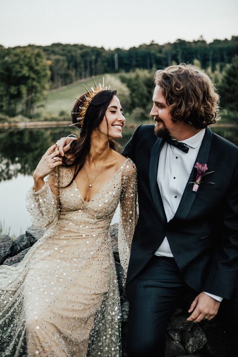 A Moody, Gothic-Inspired Wedding in a Vermont Birch Grove Gold Star Wedding Dress, Celestial Wedding Crown, Non Formal Wedding Dress, Beige Wedding Gown, Unique Elopement Dress, Gothic Wedding Gown, Sheer Wedding Dress Overlay, Wedding Dress With Crown, Bride With Crown