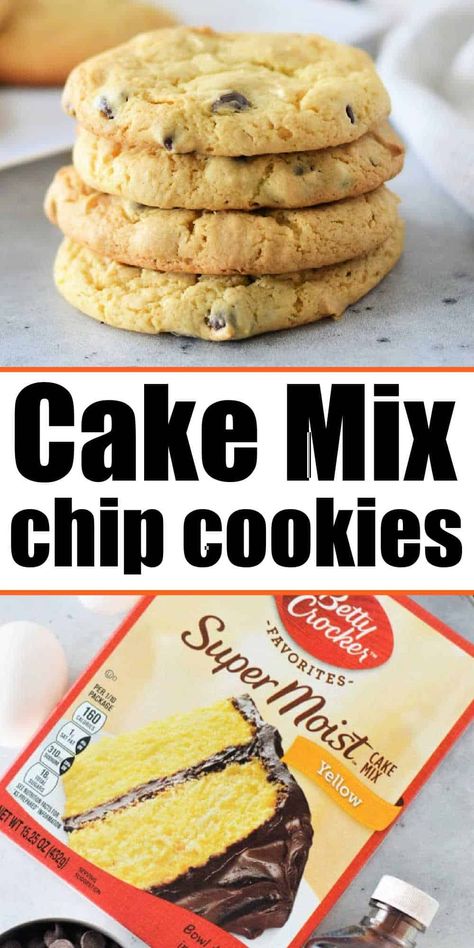 Easy yellow cake mix cookies with chocolate chips or plain are a fun treat you can bake quickly. A 4 ingredient family friendly dessert. Betty Crocker Cake Mix Cookies, Easy Yellow Cake, Yellow Cake Mix Cookies, Betty Crocker Chocolate Chip Cookies, Cake Mix Chocolate Chip Cookies, Betty Crocker Cake Mix, Cookies With Chocolate Chips, Recipes Using Cake Mix, Betty Crocker Cake