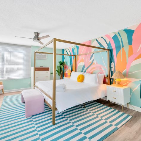 Colorful Beach House | It's Bridgette Bitch Swinging Chairs, Colorful Beach House Decor, Colorful Beach House, Cape Cottage, Retro Beach House, Boho Beach House, Beach Mural, Beachy Bedroom, Beach House Bedroom