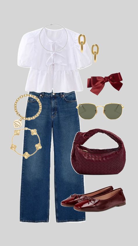 #bottegavenetta #jodie #tiffany&co #vancleef #vintagealhambra #balletflats #rayban #bows #maroon #aesthetic Tiffany Co Outfit, Maroon T Shirt Outfit, Cute Red Shirt Outfits, I Heart Ny Outfit, Summer 24 Outfit Ideas, Girly Outfits With Jeans, Bow Aesthetic Outfit, Business Casual Aesthetic Outfits, Tita Fits Ideas