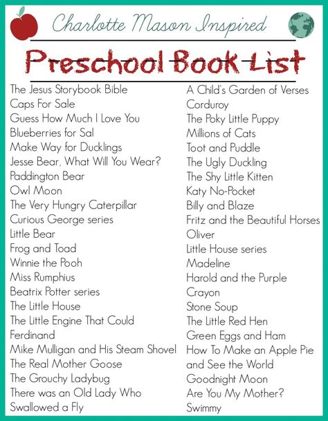 Charlotte Mason inspired preschool book list Montessori, Preschool List Of Supplies, Charolette Mason Book List, Preschool School Supply List, Preschool Supply List, Homeschool Library, Charlotte Mason Preschool, Toddler Book, Jesus Book