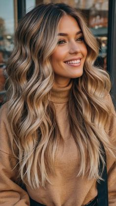 Chocolate To Blonde Balayage, Fall Blonde Ombre Balayage, Maintainable Hair Color, Winter Color For Blondes, Carmel Balayage Long Hair, Fall Hair Color For Brunettes With Blond, Fall Hair Color Inspo 2024, Warm Brunette With Highlights, Brunette Hair With Lowlights Warm Browns