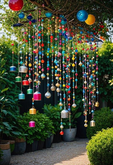 Spring Backyard Decor, Outdoor Tree Decorating Ideas, Diy Outdoor Sculpture, Outdoor Art Ideas, Magical Backyard Ideas, Garden Art Diy Whimsical, Art In Garden, Colorful Backyard Ideas, Magical Garden Ideas