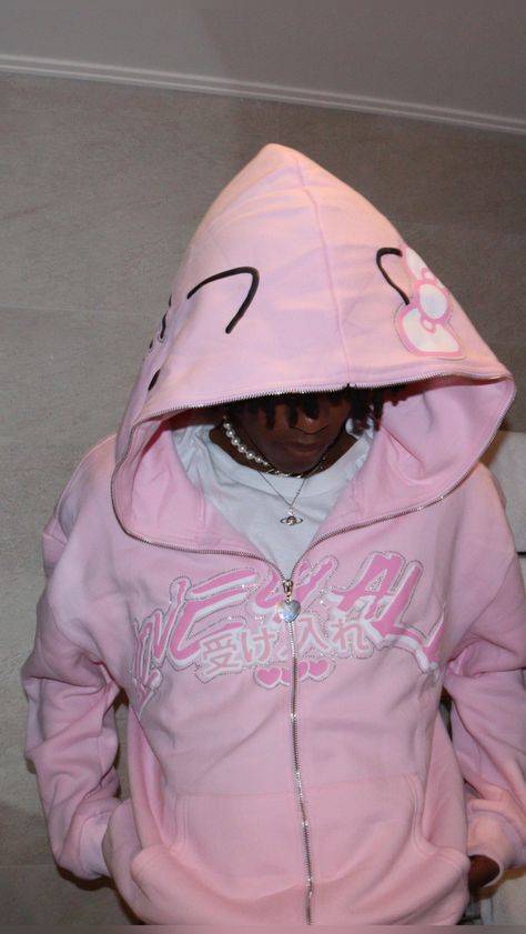 Pink Zip Up Hoodie Outfit Y2k Men, Pink Rhinestone Zip Up Hoodie, Hoodies Pink Aesthetic, Hello Kitty Zip Up, Zip Up Hoodie Drawing, Pink Y2k Hoodie, Hello Kitty Y2k Outfit, Oversized Outfit Men, Vlone Clothing