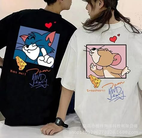 Oversized Tee Outfit, Couple Shirt Design, Oversize Tshirt Outfits, Cute Couple Shirts, Couple T Shirts, Creative T Shirt Design, Tee Shirt Fashion, Custom T Shirt Printing, Tom Jerry