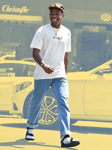 Tyler, The Creator wearing socks with GOLF WANG sandals Socks And Tevas Outfit, Golf Tyler The Creator Outfits, Sandals With Socks Outfit Men, Streetwear Sandals, Tyler The Creator Outfits Ideas, Sandals And Socks Outfits Men, Men Sandals Outfit, Socks And Sandals Men, Tyler The Creator Fit Inspiration