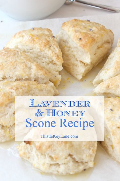 Lavender and Honey Scone Recipe - Turn a classic scone recipe into a delicious treat with a lavender and honey glaze for just the right amount of sweetness. #sconerecipe #baking #homemade #scones #lavenderandhoneyscones #sconerecipe Lavender Vanilla Scones, Baking With Tea Recipes, Lavender Biscotti Recipe, Honey Lavender Pie, Honey Scones Recipe, Lavender Honey Recipe, Peach Scones Recipe Homemade, Classic Baking Recipes, Honey Baking Recipes