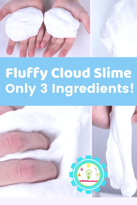 Fluffy Cloud Slime recipe using only 3 ingredients Slime Without Contact Solution, Slime Recipe Glue, Slime Cloud Dough, Cloud Slime Recipe, Fluffy Cloud Slime, Fluff Slime, Slime With Contact Solution, Borax Slime Recipe, Cloud Dough Recipes