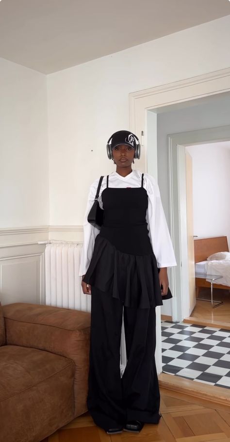 Japanese Fashion Influencers, Avant Garde Japanese Fashion, Layered Pants Outfit, Puff Pants Outfit, Oversized Black Pants Outfit, Dress On Pants, Dress And Sweater Outfit Layering, Mini Dress Over Pants, Dress Over Pants Outfit Aesthetic