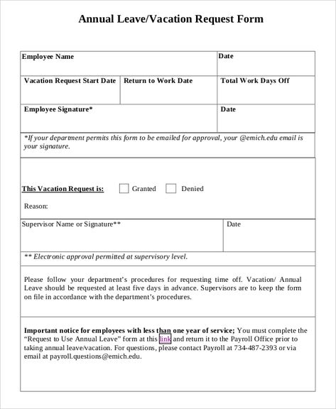 annual-leave-vacation-request-form Leave Application Form, Leave Request Form, Leave Form, Time Off Request Form, Vacation Template, Pe Lesson Plans, Employee Performance Review, Annual Leave, 90 Day Plan