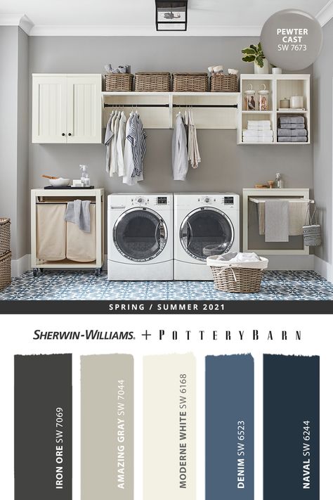 Make your laundry room fresh and fabulous with timeless paint colors from Sherwin-Williams and @potterybarn. Tap this pin to explore the Spring/Summer 2021 palette, then shop online to get your DIY painting project started. #sherwinwilliams #potterybarn #DIY #decor #laundryroom #interiordesign #homedecor #painting #colorinspiration #renovation #paint #spring #summer Dark Laundry, Mudroom Paint Color, Laundry Room Paint Color, Laundry Room Paint, Laundy Room, Laundry Room Colors, Web Ideas, Stylish Laundry Room, Room Wall Colors