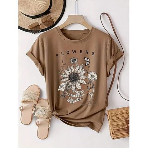 Category:T-shirt; Season:Summer; Fabric:100% Cotton; Sleeve Length:Short Sleeve; Look After Me:Machine wash,Washable,Wet and Dry Cleaning; Gender:Women's; Style:Basic,Fashion; Elasticity:Micro-elastic; Tops Type:T shirt Tee; Occasion:Daily,Weekend; Top Length:Regular; Fit Type:Regular Fit; Pattern:Letter,Sunflower,Daisy; Design:Print; Neckline:Crew Neck; Brand:Shall We; Listing Date:07/01/2024; Clothing Shoulder Width:null; Bust:null; Length:null; Sleeve:null; Fit US Size:null; Fit UK Size:null; Weekend Fashion, Easy Soup, Shirt Casual Style, Basic Shorts, Autumn Style, Weekend Style, Women's T Shirts, Primavera Estate, Top Casual