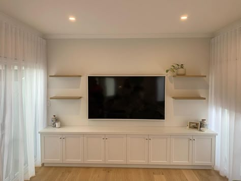 Living Room Tv Wall Cabinet Ideas, Built In Shelves Under Tv, Under Tv Cabinets, In Wall Media Storage, Tv Unit Full Wall Design, Tv With Cabinet Below, Inbuilt Tv Cabinet, Built In Under Tv, Unit Under Wall Mounted Tv