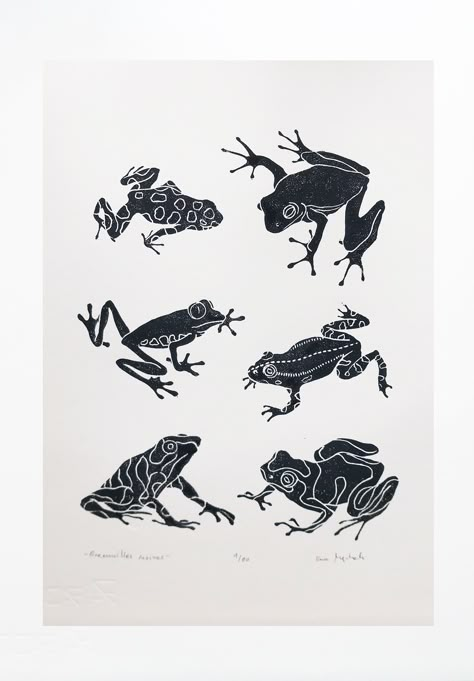 Linocut Frogs - original art print, natural home decor, nature art, zoological illustration, hand carved and printed, nature artwork. Linocut print on paper, illustration taken from my project "Où mes bonds me portent". This linocut can be used as a wall decoration, why not combined with other illustrations, is printed on Fabriano Rosapina 220g ivory paper. Format 25 x 35 cm (9,84 x 13,77in) . I manually print each copy, so each is unique with slight variations in color. They are sold unframed. Home Decor Illustration Art, Poison Dart Frog Art, Two Color Linocut, Frog Linocut, Lino Print Art, Linocut Tattoo, Linocut Color, Zoological Illustration, Tree Frog Art