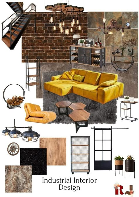 Industrial 70s Interior, Funky Industrial Interior Design, Industrial Style Mood Board, Industrial Moodboard Interior Design, Neo Industrial Interior Design, Industrial Interior Design Style, Industrial Interior Design Mood Board, Neo Industrial Interior, Industrial Mood Board Interior Design