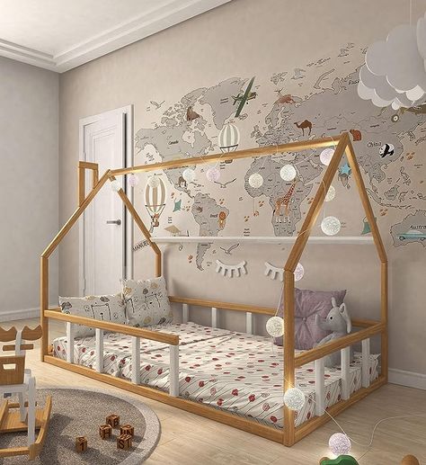 BUSYWOOD Toddler Floor Bed - Montessori Bed - Toddler Bed with Rails - Montessori Floor Bed - House Bed Frame - Wooden Bed Toddler House Bed With Rails, Toddler Bed With Rails, Montessori Bed Toddler, Floor Bed Montessori, Toddler Bedroom Furniture, Twin Floor Bed, Bed Montessori, House Bed Frame, Montessori Floor Bed