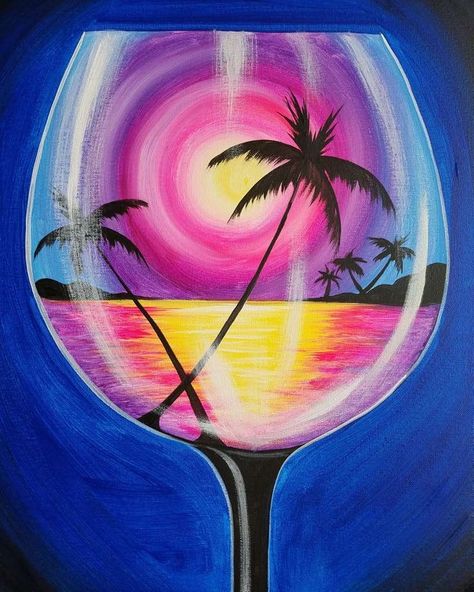 This beautiful sunset reflection in this wine glass puts us in a summer state of mind! Start the summer right with this dream in a glass. Bring your summer crew with you to paint this easy step-by-step acrylic painting! Wine And Paint Party Ideas Canvases, Wine Painting, Simple Canvas Paintings, Canvas Painting Tutorials, Cute Canvas Paintings, Canvas Painting Designs, Canvas Painting Diy, Paint And Sip, Night Painting