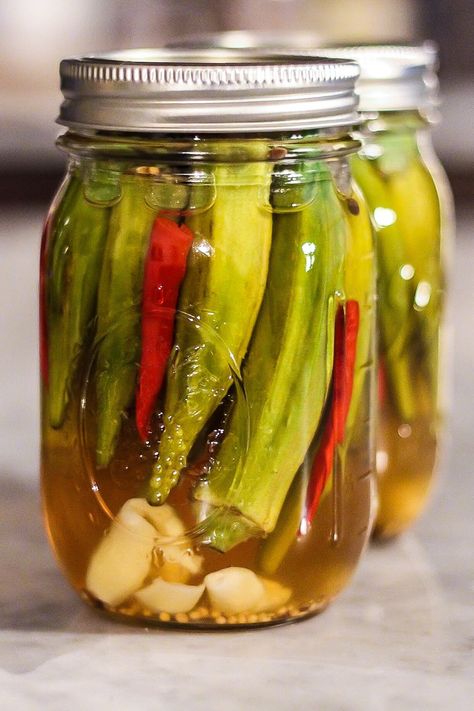 Sweet Pickled Okra Recipe Canning, Spicy Okra Pickles, Sweet And Spicy Pickled Okra, Spicy Okra Recipes, Pickled Okra Spicy, Refrigerated Pickled Okra, Spicy Pickled Okra Recipe Canning, Pickled Okra Recipe Refrigerator, Sweet Pickled Okra