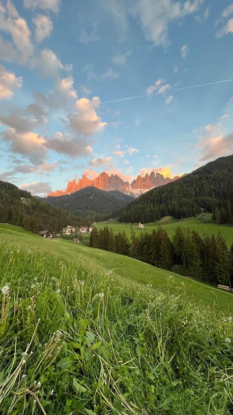 with__heron on Instagram: Perfect sunset in Dolomites 🤩 . Follow @with__heron for more 🔥 . . #southtyrol #dolomiti #dolomitiunesco #dolomitesitaly #dolomites4you… Trees, Sun, Nature, Italy, South Tyrol, Mountain Life, Green Grass, Beautiful Destinations, St John